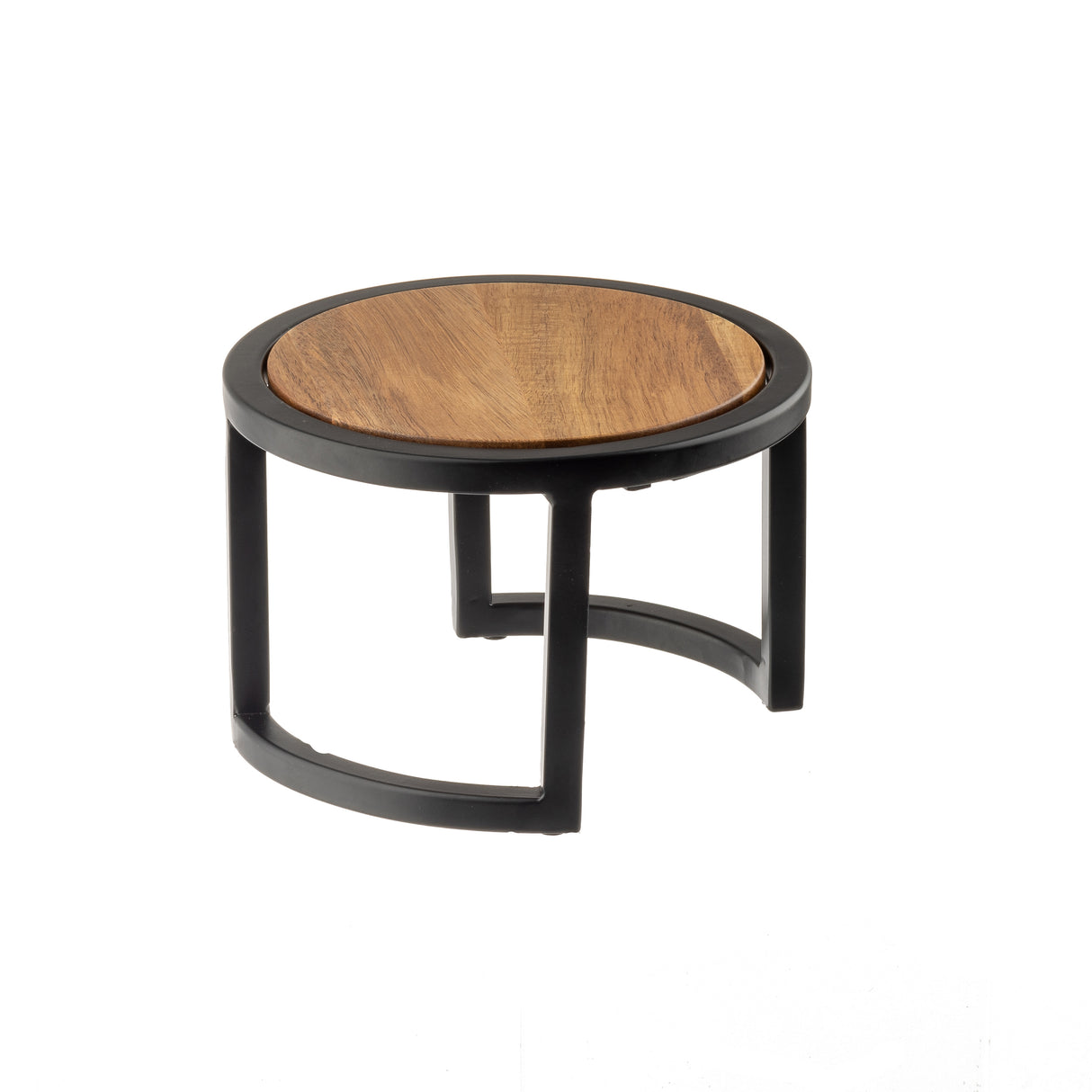 A small, round coffee table with a wooden top and a powder coated black metal frame. The base features three curved legs connected at the bottom, creating a modern, open design reminiscent of TableCraft risers. Set against a plain white background.