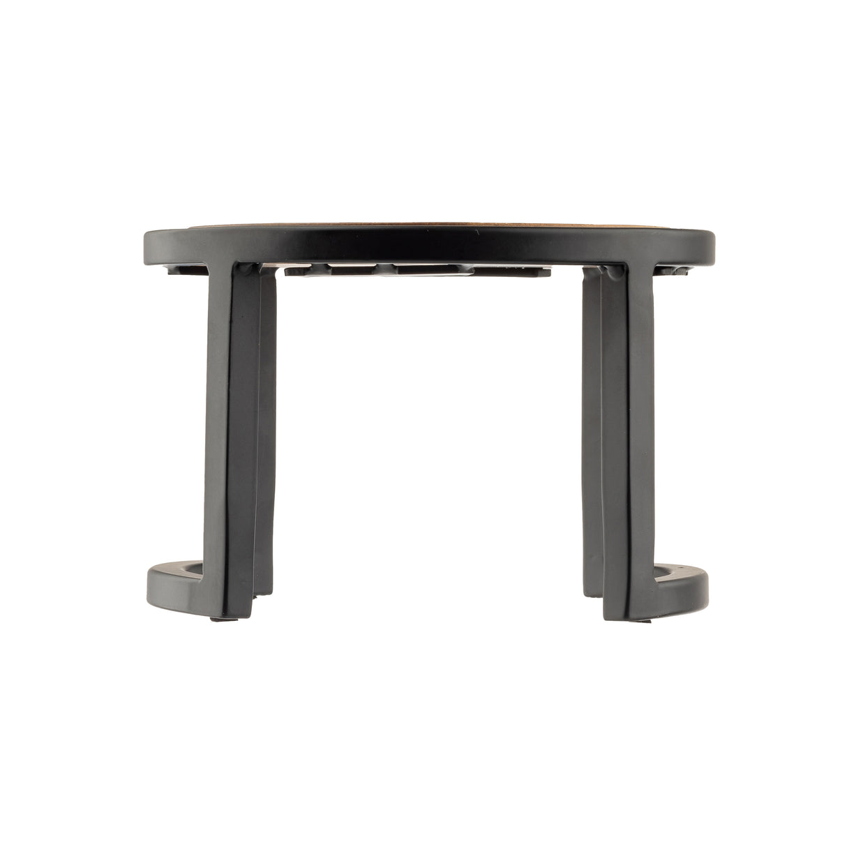 A black, round, elevated plastic riser with four vertical legs and open sides, viewed directly from the front against a white background. The simple, modern TableCraft design creates a minimalist appearance.