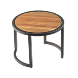 A small, round side table with a wooden top and a black powder coated metal frame featuring three legs. The modern, minimalist design includes an open, semi-circular base and visible wood grain. Perfect as a TableCraft riser or accent table.