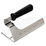 A metal dough scraper with a wide stainless steel blade and a raised black plastic handle. NSF certified, the blade features measurement markings, and the brand TableCraft Products Company is engraved on the surface.