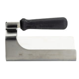A stainless steel bench scraper with a wide rectangular blade and a thick, black ergonomic handle. The blade features engraved measurement lines, NSF certification, and product information—part of the PerfectGrip Steak Weight collection.