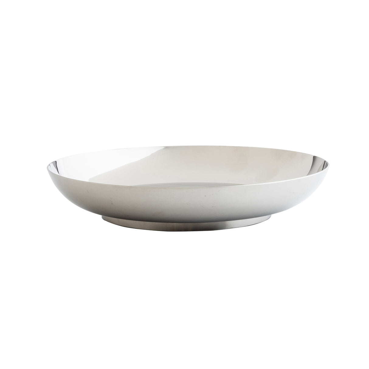 A shiny, round TableCraft 12510 stainless steel bowl with smooth, slightly curved sides and a flat base, photographed against a plain white background. Perfect as a seafood tower replacement bowl, it features a minimalist design and highly reflective surface.