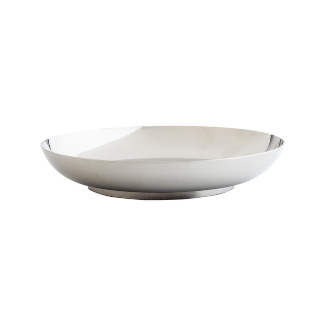 A shiny, round TableCraft 12510 stainless steel bowl with smooth, slightly curved sides and a flat base, photographed against a plain white background. Perfect as a seafood tower replacement bowl, it features a minimalist design and highly reflective surface.