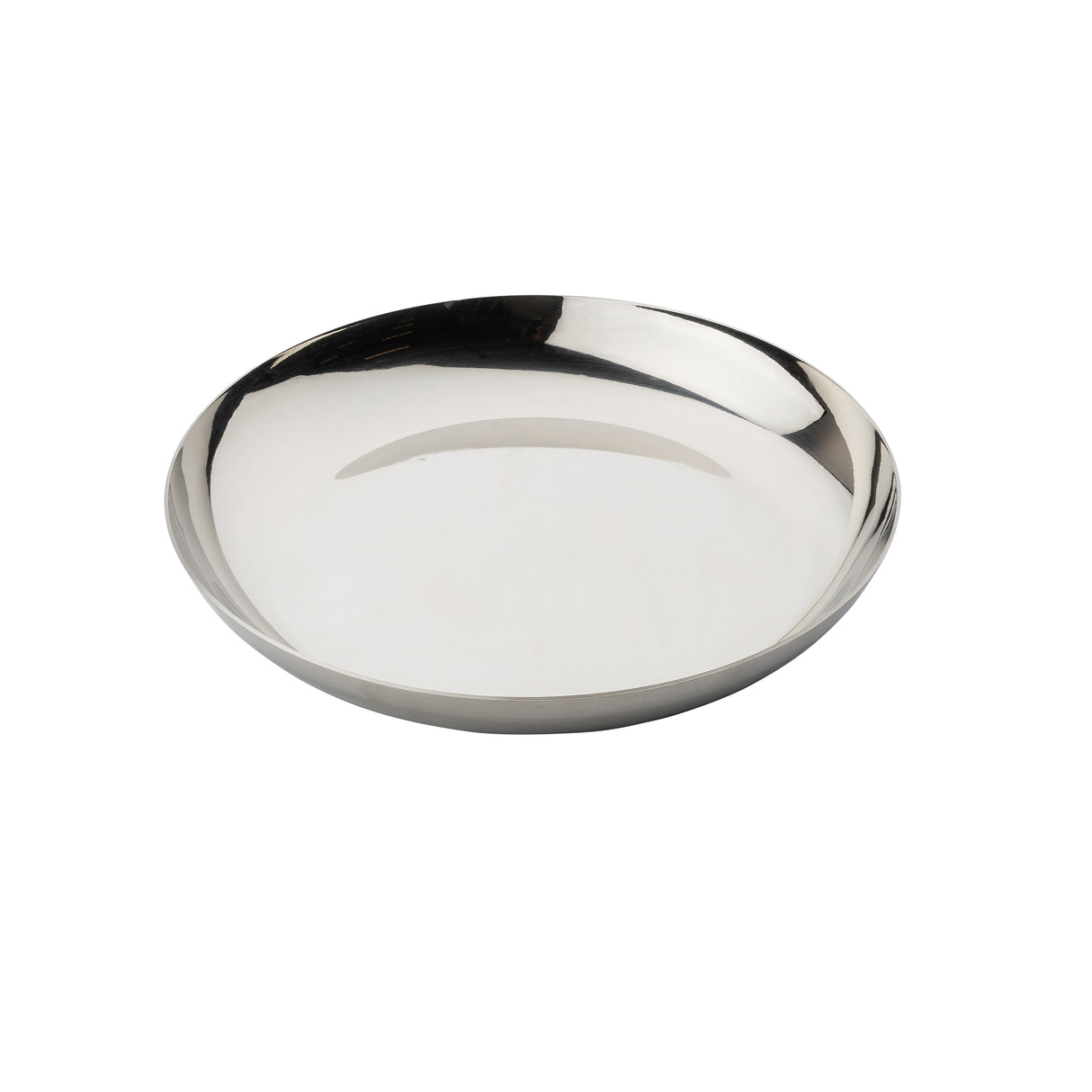A shiny, round stainless steel plate with a slightly raised rim is shown against a plain white background. Perfect as a seafood tower replacement bowl, it boasts a reflective surface and minimalist design.