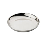 A shiny, round stainless steel plate with a slightly raised rim is shown against a plain white background. Perfect as a seafood tower replacement bowl, it boasts a reflective surface and minimalist design.
