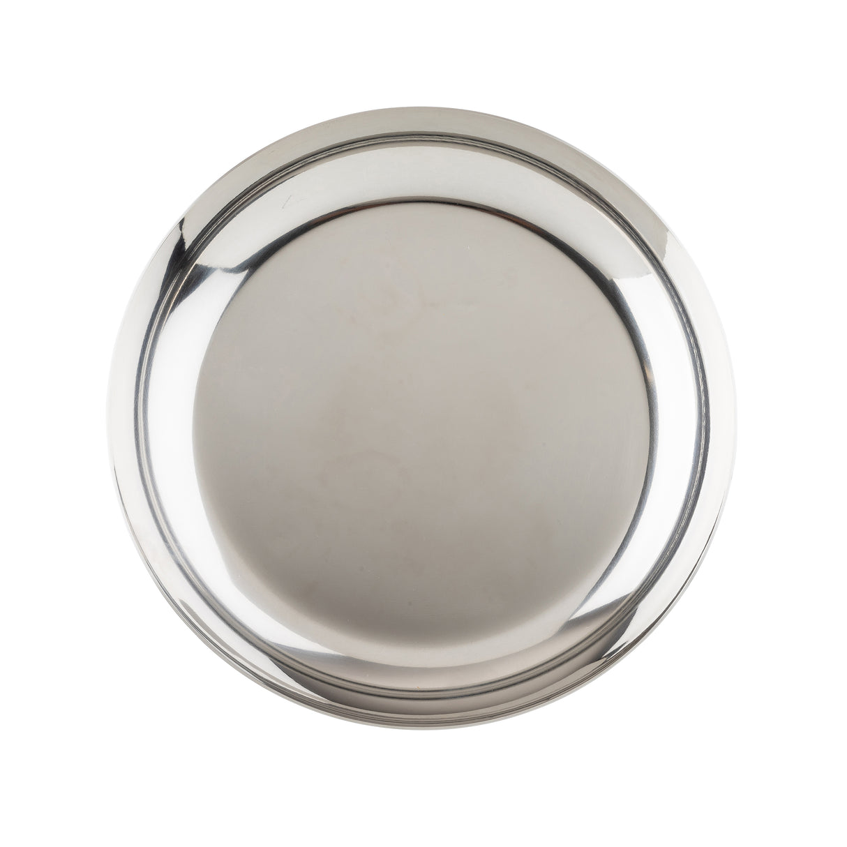 A shiny, round stainless steel bowl, such as the TableCraft 12510 seafood tower replacement bowl, is viewed from above. Its smooth, polished surface reflects light, while the slightly raised rim and plain design stand out against the white background.