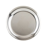 A shiny, round stainless steel bowl, such as the TableCraft 12510 seafood tower replacement bowl, is viewed from above. Its smooth, polished surface reflects light, while the slightly raised rim and plain design stand out against the white background.