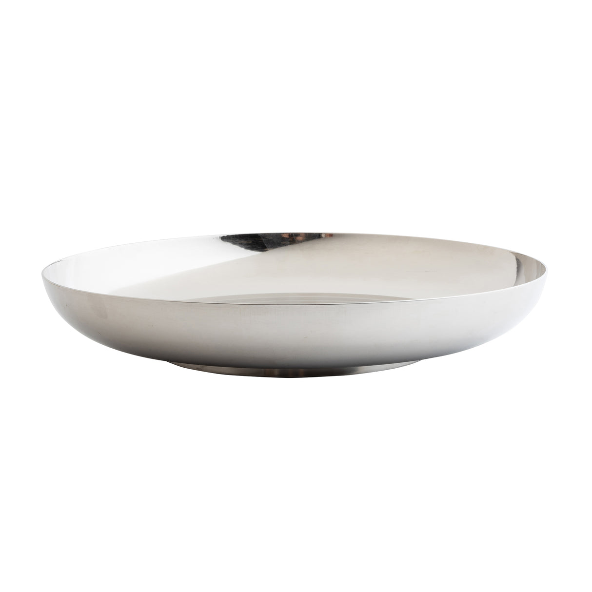 A wide, shallow, round stainless steel bowl with a polished, reflective silver surface. The bowl has smooth, slightly curved sides and a flat base, ideal as a TableCraft 12511 seafood tower replacement bowl against a plain white background.