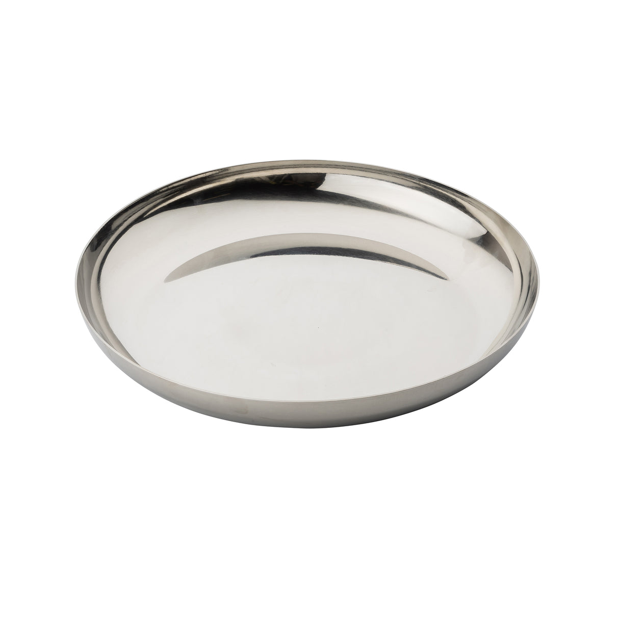 A shiny, round TableCraft 12511 stainless steel plate with slightly raised edges is photographed on a white background. The smooth, reflective surface gives the plate a sleek, modern appearance.