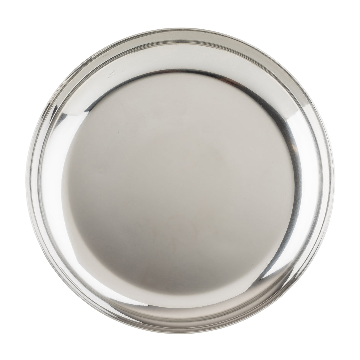 A round, shiny stainless steel plate, similar to a TableCraft 12511 seafood tower replacement bowl, is photographed from above. Its smooth, reflective surface and slightly raised rim stand out against the plain white background, highlighting its metallic finish.