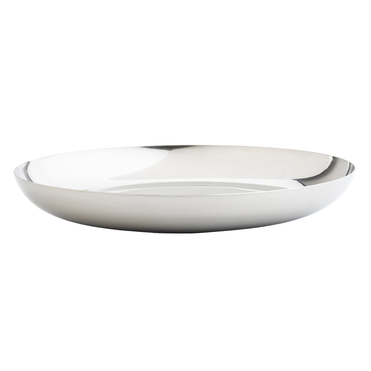A shiny, round, shallow large stainless steel bowl with smooth, reflective surfaces. The bowl features a simple, modern design—ideal as a seafood tower replacement bowl or TableCraft 12512—and rests on a plain white background.