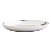 A shiny, round, shallow large stainless steel bowl with smooth, reflective surfaces. The bowl features a simple, modern design—ideal as a seafood tower replacement bowl or TableCraft 12512—and rests on a plain white background.