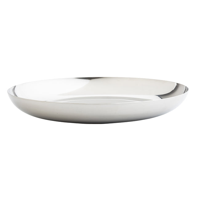 A shiny, round, shallow large stainless steel bowl with smooth, reflective surfaces. The bowl features a simple, modern design—ideal as a seafood tower replacement bowl or TableCraft 12512—and rests on a plain white background.
