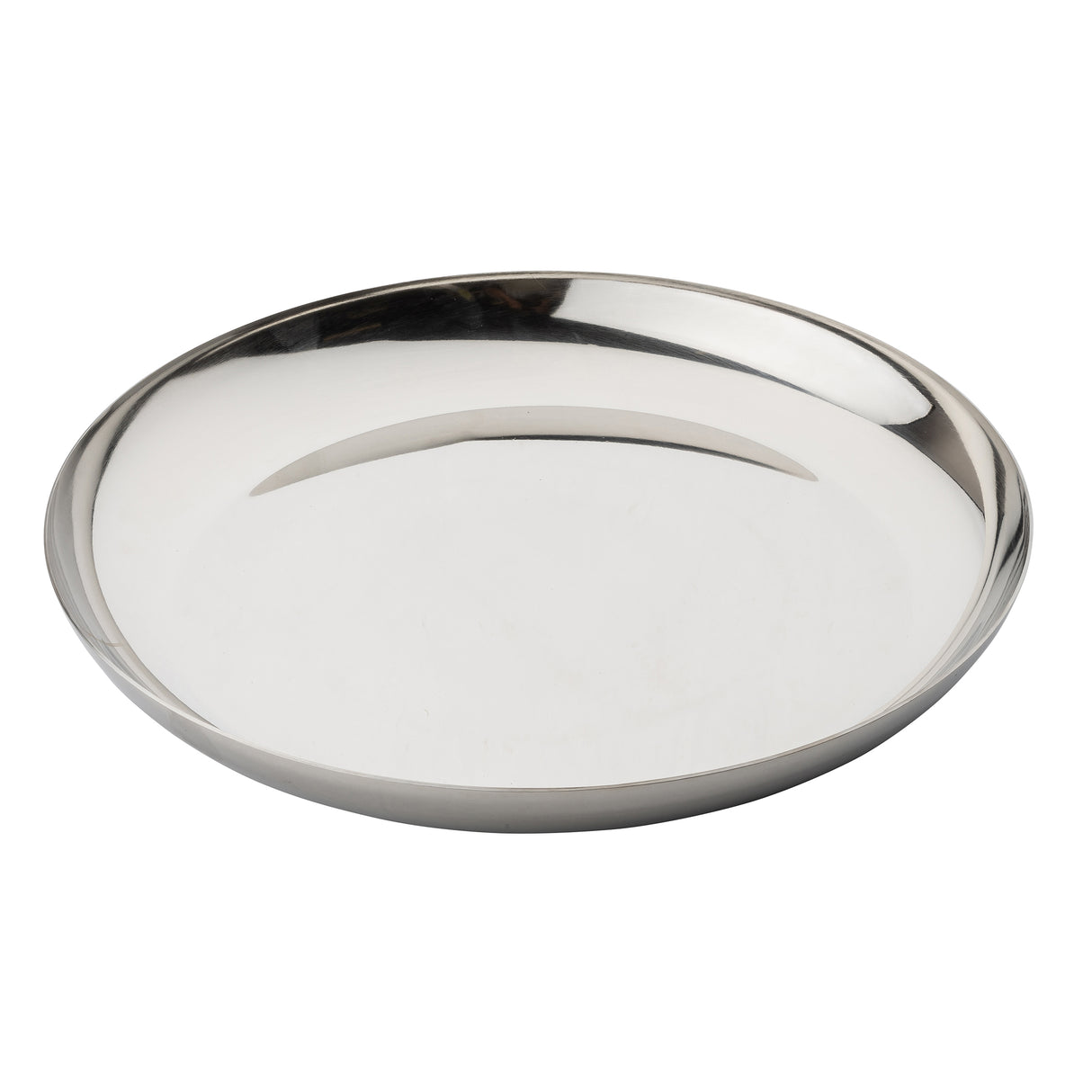 A round, shallow, stainless steel plate with a shiny, reflective surface—ideal as a seafood tower replacement bowl. The plate has a smooth rim and no visible designs, placed empty against a plain white background.