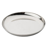 A round, shallow, stainless steel plate with a shiny, reflective surface—ideal as a seafood tower replacement bowl. The plate has a smooth rim and no visible designs, placed empty against a plain white background.