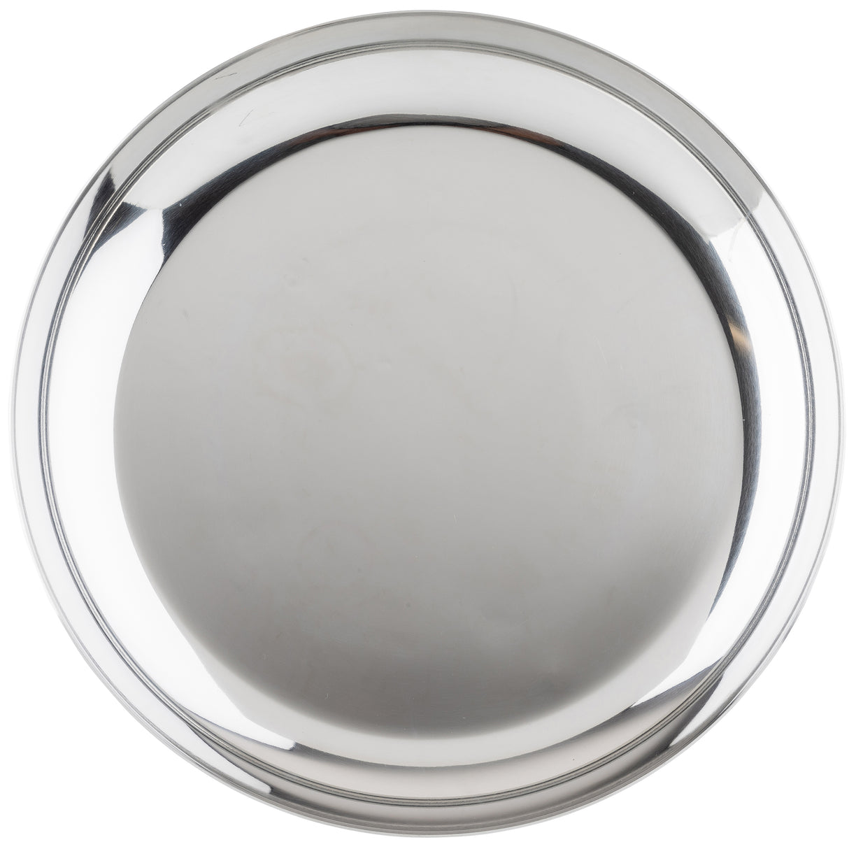 A shiny, round TableCraft 12512 stainless steel plate with a raised edge is photographed from above. Its smooth, reflective surface shows subtle highlights, giving it a clean, polished look—ideal as a seafood tower replacement bowl. The background is plain white.