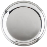 A shiny, round TableCraft 12512 stainless steel plate with a raised edge is photographed from above. Its smooth, reflective surface shows subtle highlights, giving it a clean, polished look—ideal as a seafood tower replacement bowl. The background is plain white.