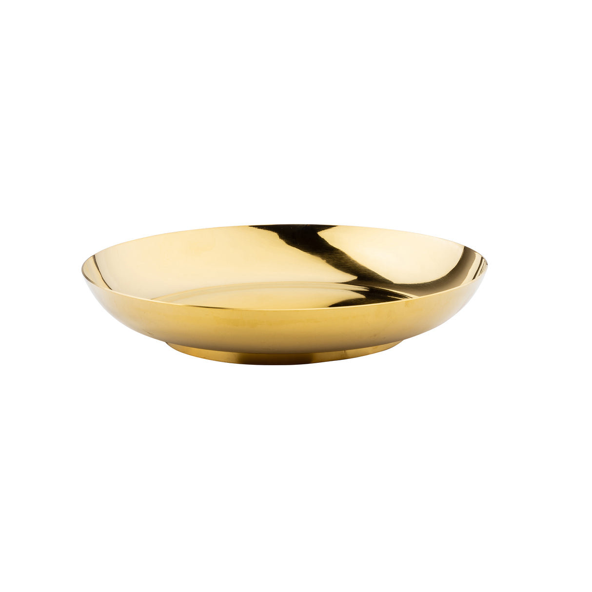 A shiny, round, gold-colored stainless steel bowl with smooth, curved sides and a low profile sits on a white background. Its reflective surface creates dark and light highlights, emphasizing its polished finish and simple, elegant design.