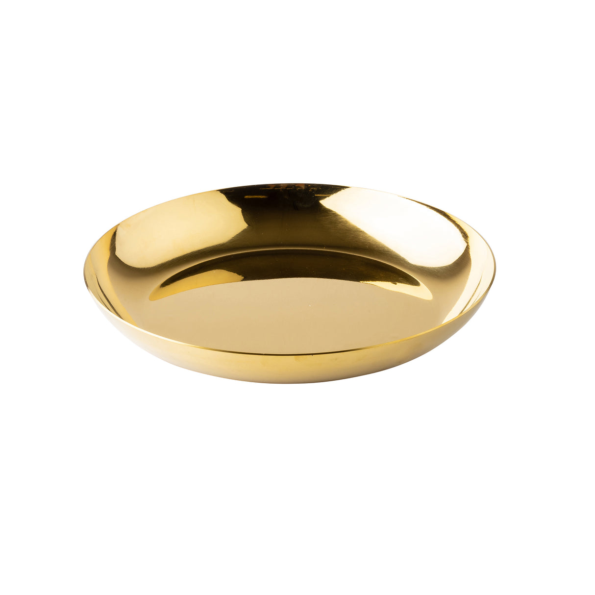 A round, shallow replacement bowl with smooth edges and a reflective gold finish, photographed on a white background. The dish’s shiny surface catches highlights and reflections, emphasizing its stainless steel, polished appearance.