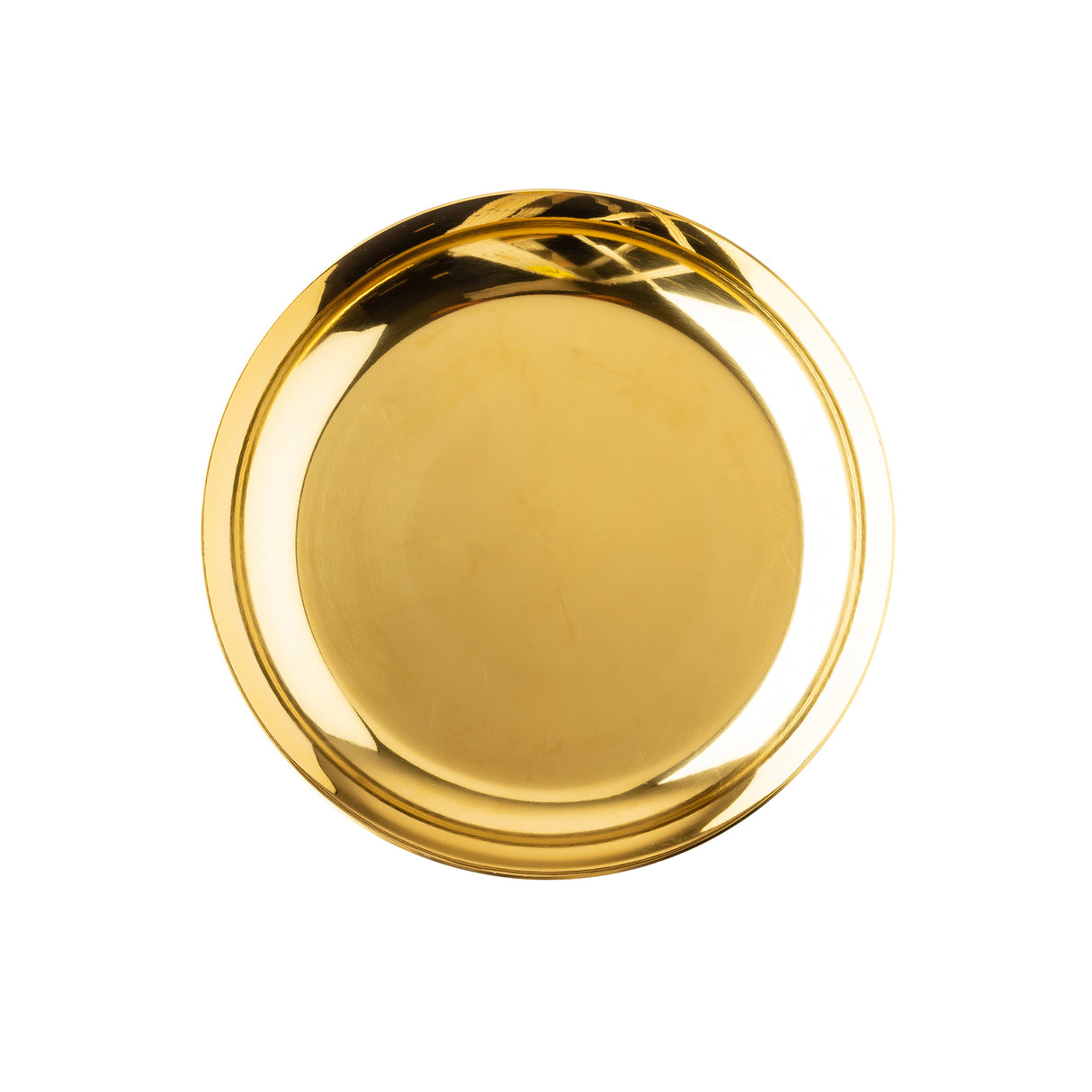 A round, shiny gold plate with a reflective surface and smooth edges, shown from above on a white background. Its metallic texture and polished finish make it a striking alternative to a stainless steel replacement bowl for serving or display.