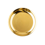 A round, shiny gold plate with a reflective surface and smooth edges, shown from above on a white background. Its metallic texture and polished finish make it a striking alternative to a stainless steel replacement bowl for serving or display.