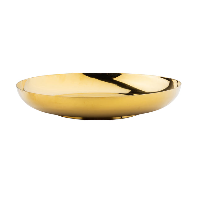 A shiny, round, shallow dish made of reflective stainless steel. The bowl has smooth edges and a flat base, with light reflections on its glossy surface. The minimalist design suggests it is decorative or used as a replacement bowl for a seafood tower.