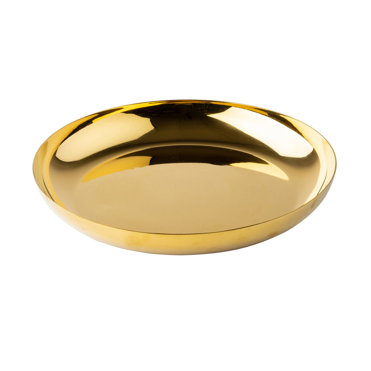 A shiny, round, shallow replacement bowl with a reflective gold finish. The smooth stainless steel surface is glossy, featuring highlights and reflections that reveal its polished metallic texture. The bowl sits on a white background.