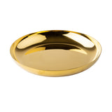 A shiny, round, shallow replacement bowl with a reflective gold finish. The smooth stainless steel surface is glossy, featuring highlights and reflections that reveal its polished metallic texture. The bowl sits on a white background.