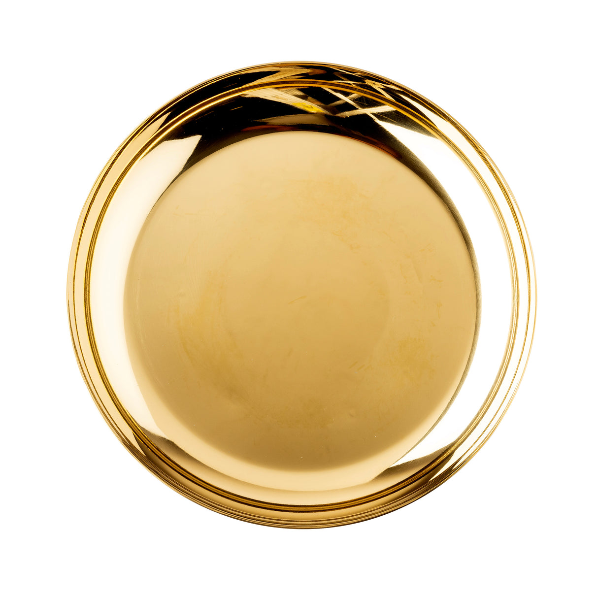 A shiny, round, gold-colored stainless steel plate viewed from above. The plate is smooth and reflective, with subtle circular ridges near the edge, giving it a modern, elegant appearance. The background is white.