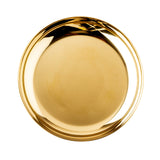 A shiny, round, gold-colored stainless steel plate viewed from above. The plate is smooth and reflective, with subtle circular ridges near the edge, giving it a modern, elegant appearance. The background is white.