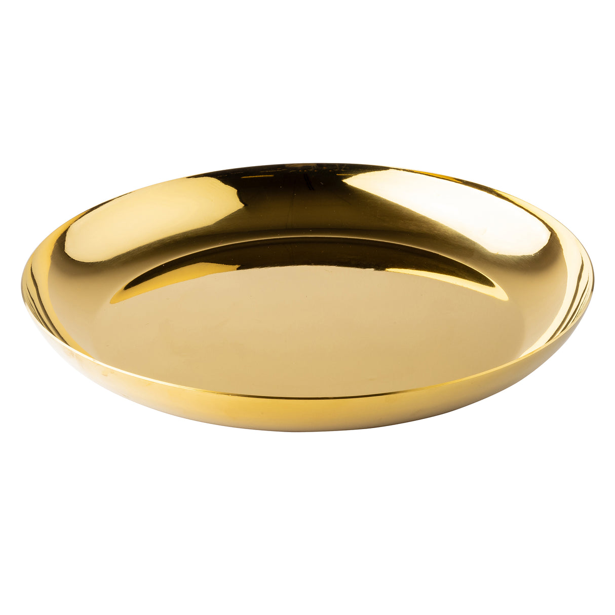 A shiny, reflective, round golden plate with a smooth surface and slightly raised edges, photographed against a plain white background. This elegant piece can serve as a replacement bowl for your seafood tower display.