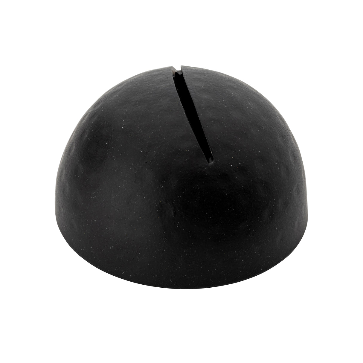 A dome-shaped, matte black card holder with a narrow slit on top. The surface features a slightly hammered pattern, finished in black powder coated texture. Photographed against a plain white background, its purpose remains ambiguous.