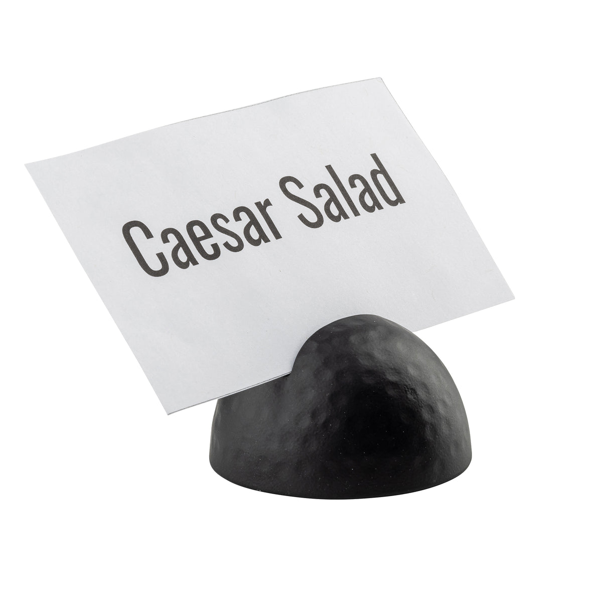 A white card with the text Caesar Salad in bold black letters is held upright by a black powder coated card holder featuring a hammered pattern, set against a plain white background.