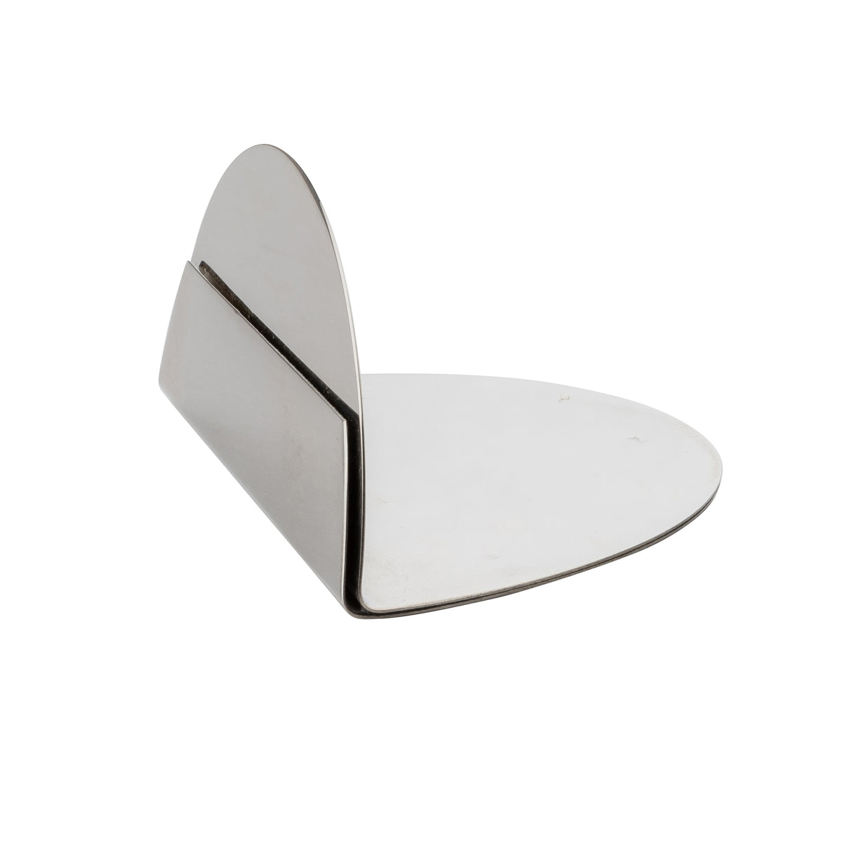 A metal napkin holder with a minimalist, modern design, inspired by the TableCraft stainless steel card holder. Two smooth, curved silver panels join at the base to form an open slot for upright napkin storage against a plain white background.