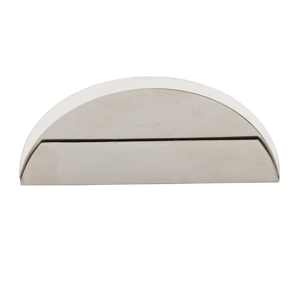 A metallic, semicircular object with a smooth, shiny surface and flat base resembles the TableCraft Half Moon Card Holder. Its narrow horizontal slit along the straight edge suggests it’s a modern stainless steel card holder. The background is plain white.