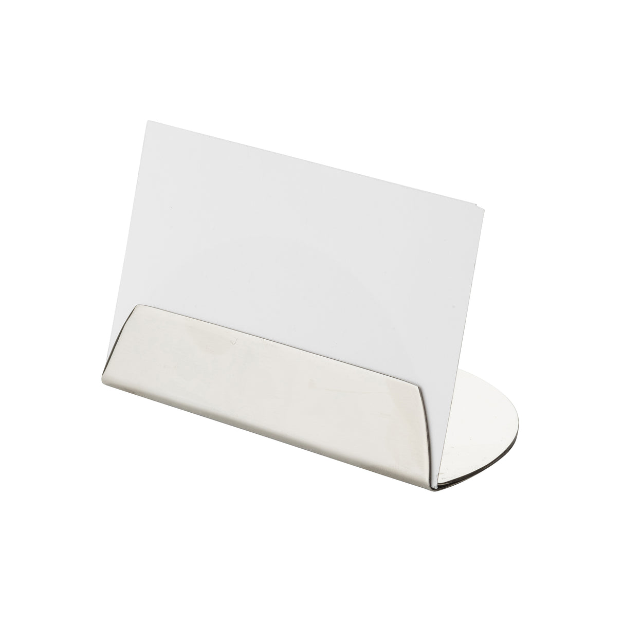A blank white card is held upright in a sleek TableCraft Half Moon Card Holder with a reflective, stainless steel finish and minimalist design, positioned on a plain white background.