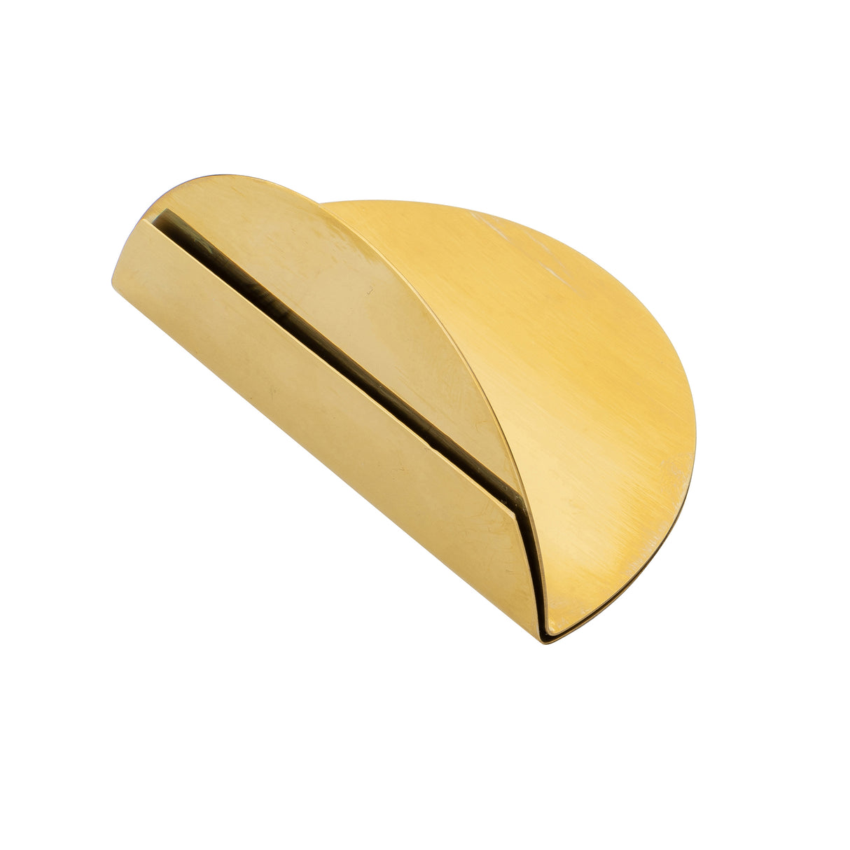 A gold coated stainless steel, semicircular metal object with a sleek, minimalist design features a narrow horizontal slot across its top. This Half Moon Card Holder by TableCraft Products is shiny, reflective, and ideal for displaying cards or photos.