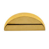 A shiny, gold coated stainless steel Half Moon Card Holder stands upright. It has a flat base, a smooth curved top, and a horizontal slit along the front face—perfect as a stylish holder or dispenser. The background is white.