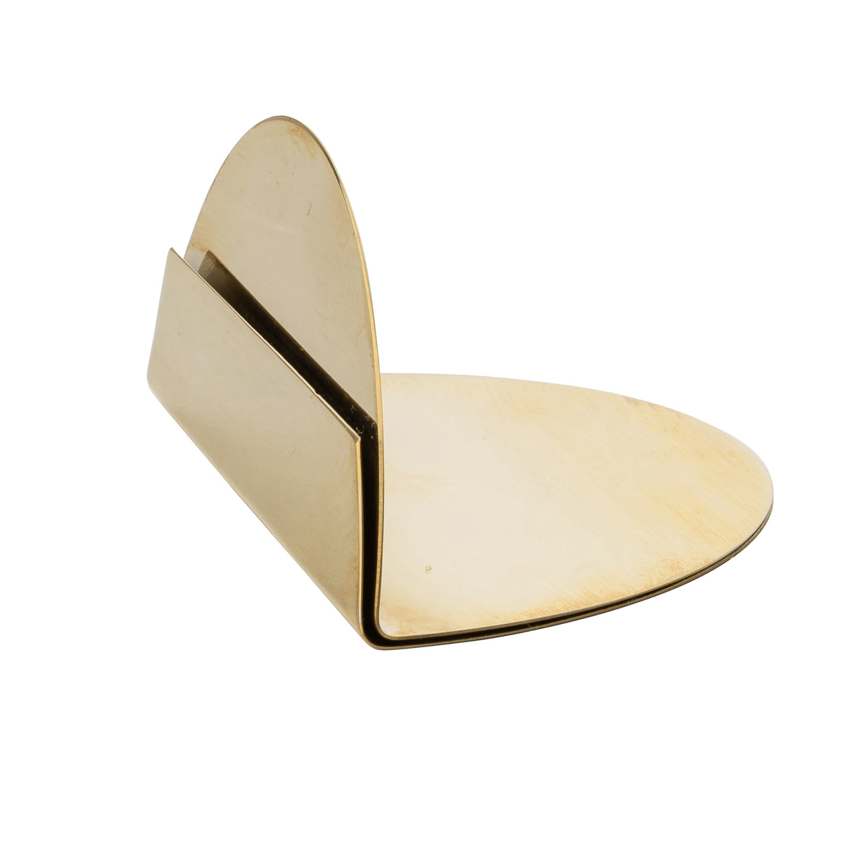 A modern, minimalist brass napkin holder inspired by the TableCraft Products Half Moon Card Holder. One flat, oval-shaped base supports a curved panel for holding napkins. The gold coated stainless steel surface has a smooth, polished finish against a white background.