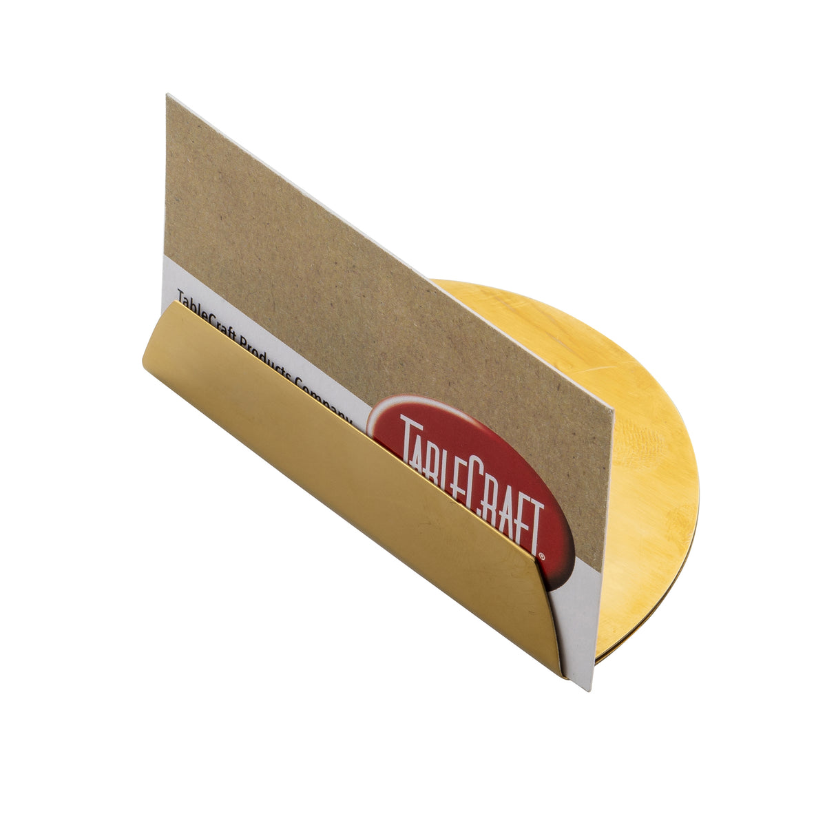 A gold coated stainless steel Half Moon Card Holder from TableCraft Products features a round wooden base, displaying a brown and white card that partially reads TABLECRAFT, all set against a crisp white background.