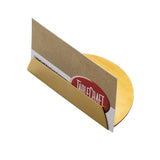 A gold coated stainless steel Half Moon Card Holder from TableCraft Products features a round wooden base, displaying a brown and white card that partially reads TABLECRAFT, all set against a crisp white background.