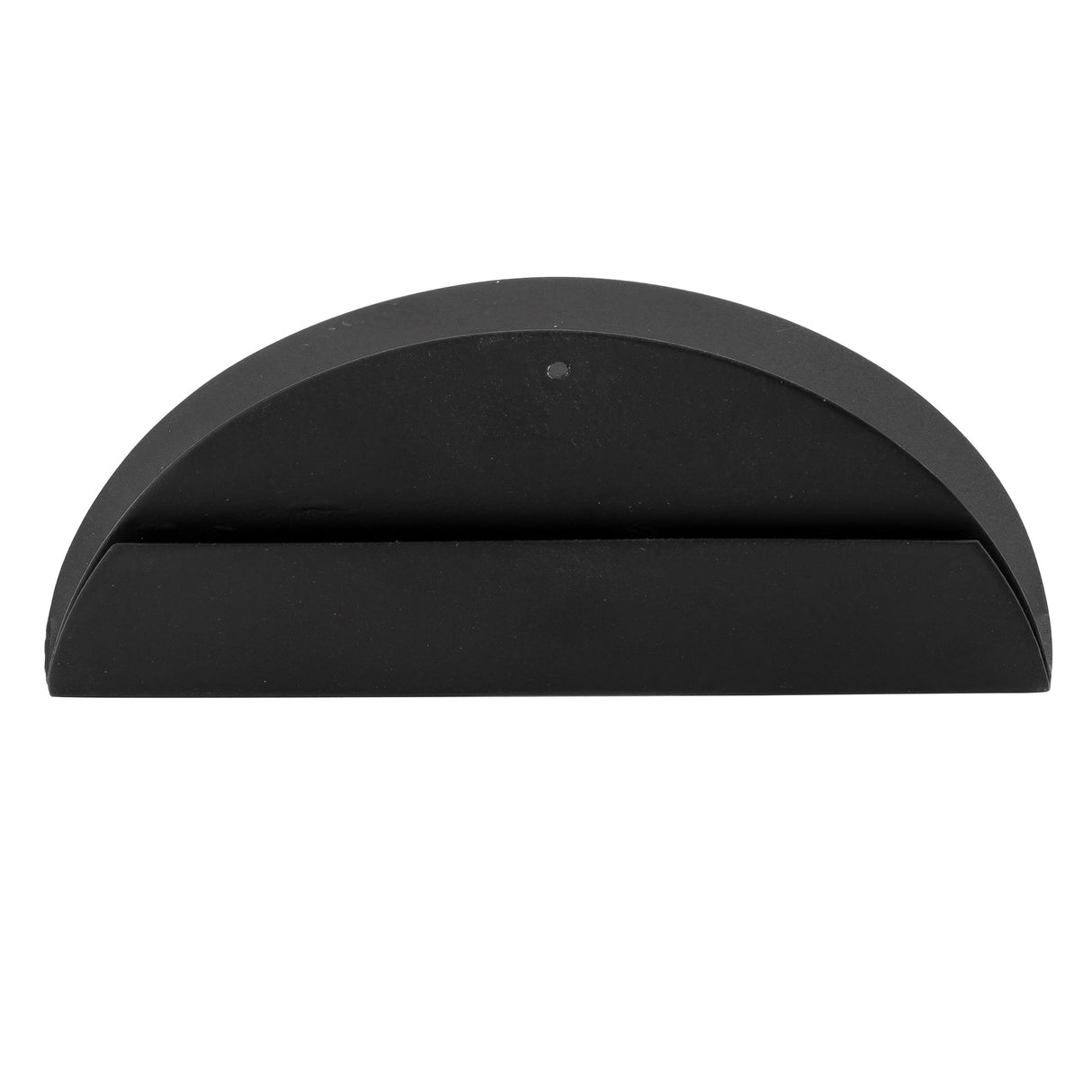 A black powder coated, semi-circular object with a flat base and a wide slot along the straight edge. This minimalist TableCraft Products Half Moon Card Holder is ideal as a stand for thin objects like smartphones, tablets, or cards.