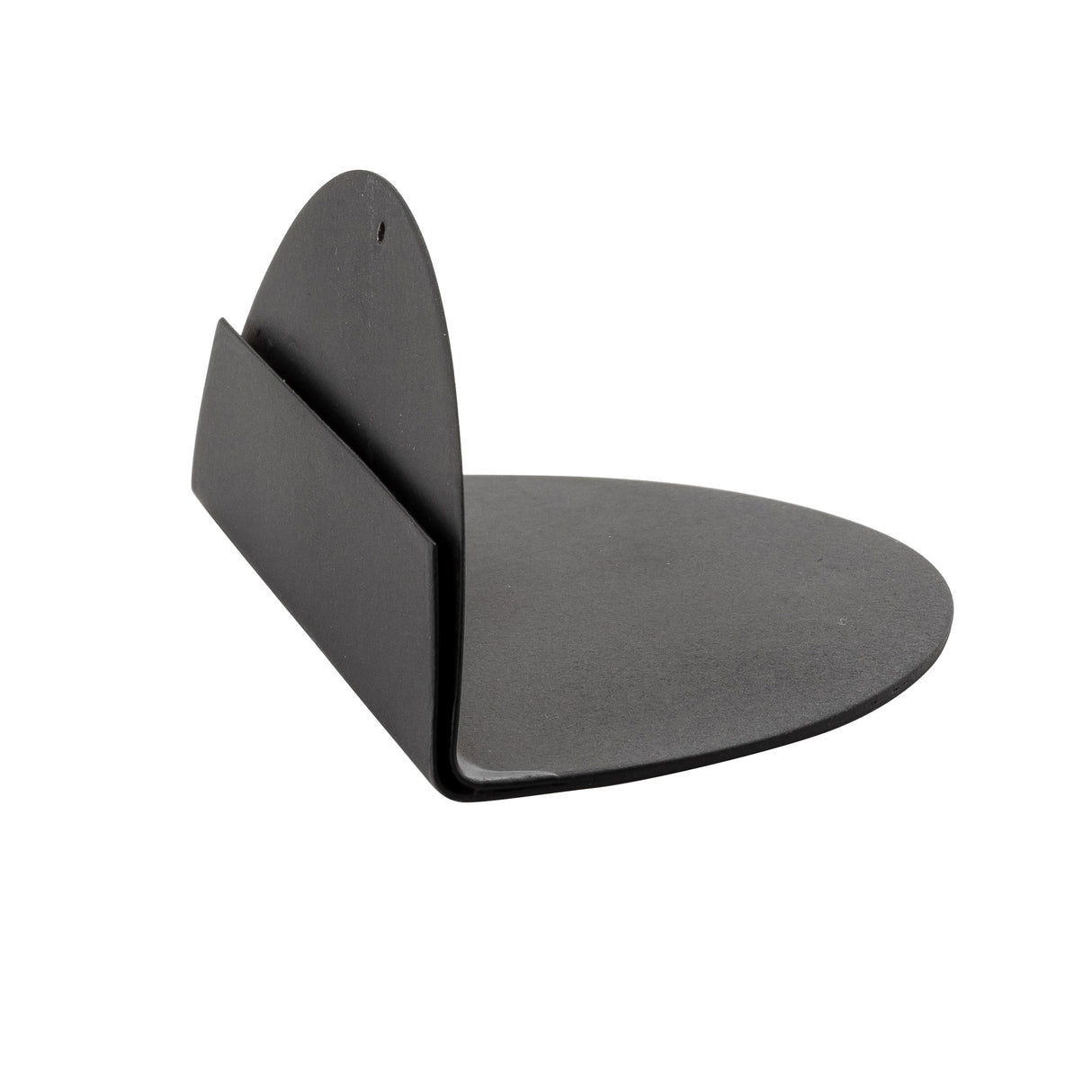 A black powder coated metal bookend with a rectangular base and semi-circular upright support, photographed on a white background. This minimal design by TableCraft Products features a small hole near the top, echoing the Half Moon Card Holder style.