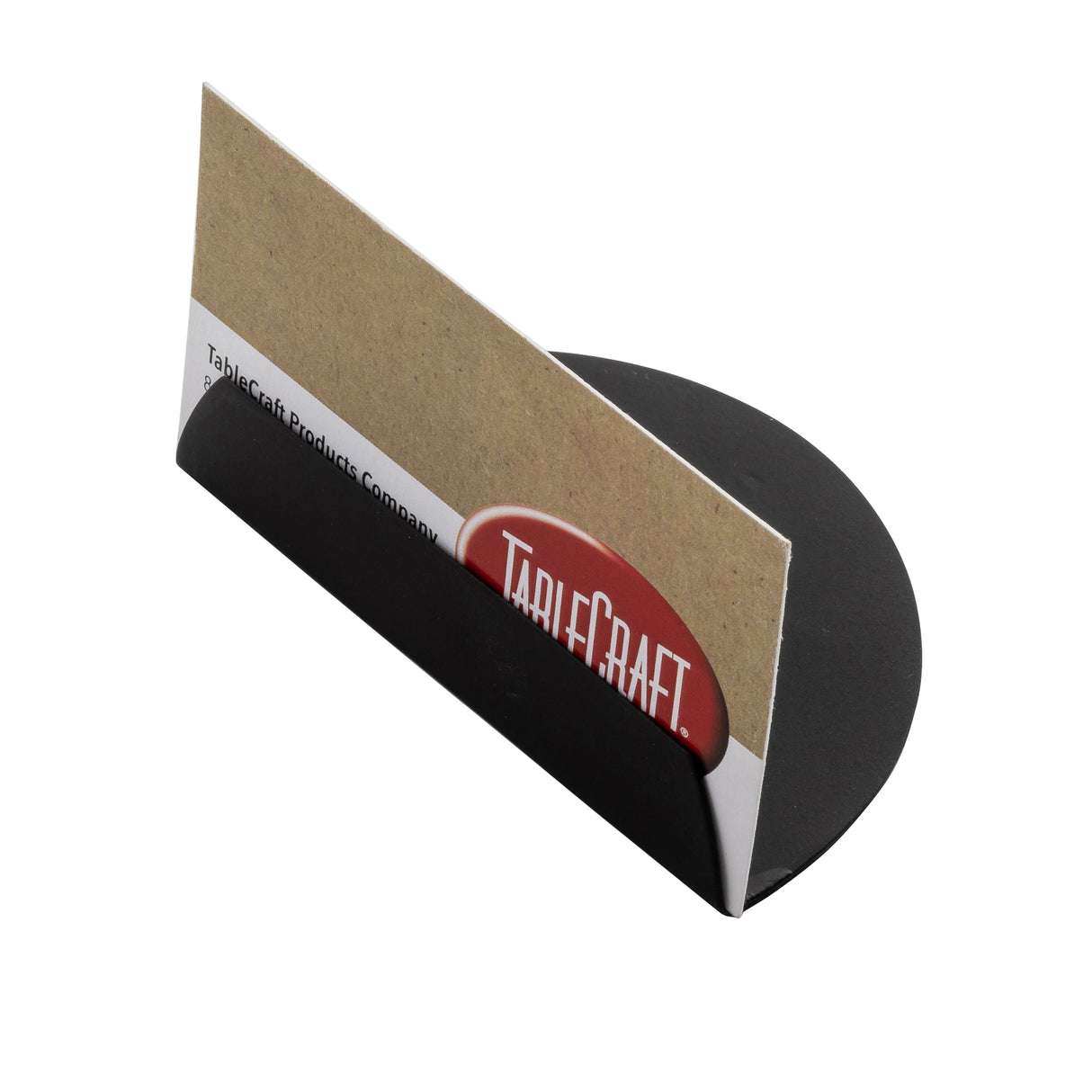A simple, round, black Half Moon Card Holder displays a brown and white business card with a red TABLECRAFT logo. The minimalist card holder keeps the card upright on a flat white surface, perfect for showcasing TableCraft Products.