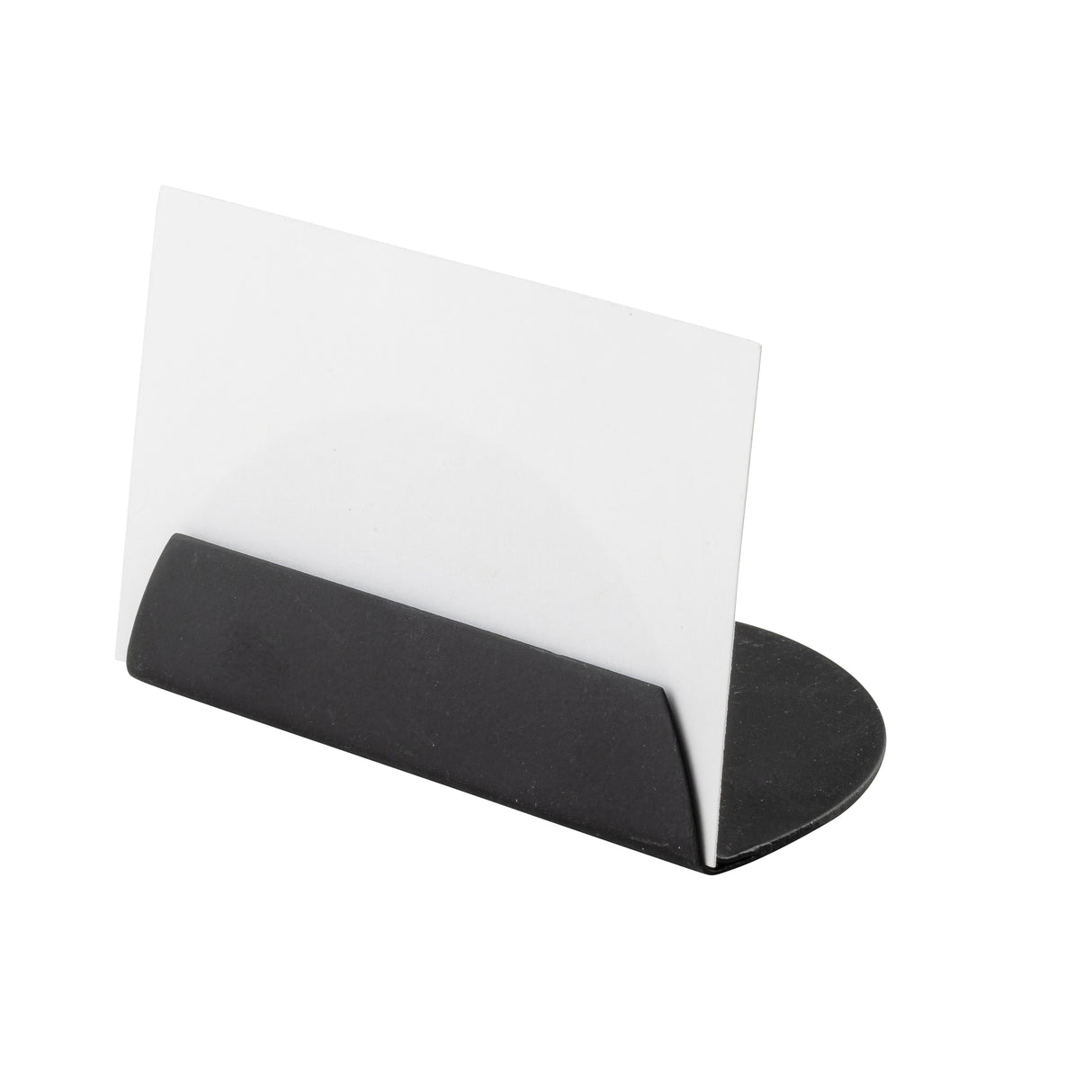 A blank white card is held upright in a simple, black powder coated Half Moon Card Holder by TableCraft Products. The holder’s flat base and curved front are perfect for displaying business cards or small signs against a completely white background.