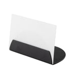 A blank white card is held upright in a simple, black powder coated Half Moon Card Holder by TableCraft Products. The holder’s flat base and curved front are perfect for displaying business cards or small signs against a completely white background.