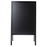 A black, rectangular A-frame stand chalkboard sign stands upright on four legs. The board is blank with no writing or decorations and has a simple, minimalist frame with clean lines, viewed from the front against a plain white background.