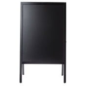 A black, rectangular A-frame stand chalkboard sign stands upright on four legs. The board is blank with no writing or decorations and has a simple, minimalist frame with clean lines, viewed from the front against a plain white background.