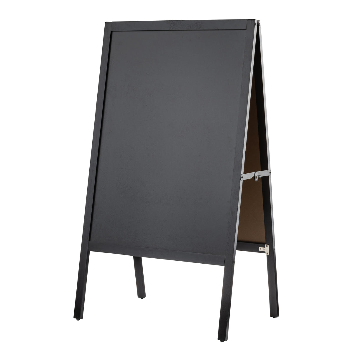 A blank, freestanding black chalkboard with an A-frame stand. This floor board sign has four legs and a hinge at the top, standing on a white background. Its writing surface is clean and empty, ready for use.