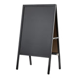 A blank, freestanding black chalkboard with an A-frame stand. This floor board sign has four legs and a hinge at the top, standing on a white background. Its writing surface is clean and empty, ready for use.